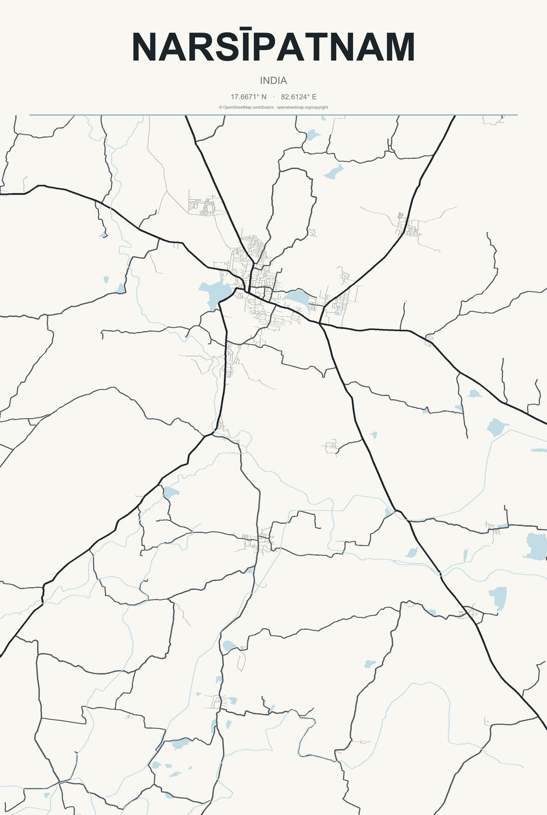 Narsīpatnam, India City Map Aluminum Sign in Headline Atlas style