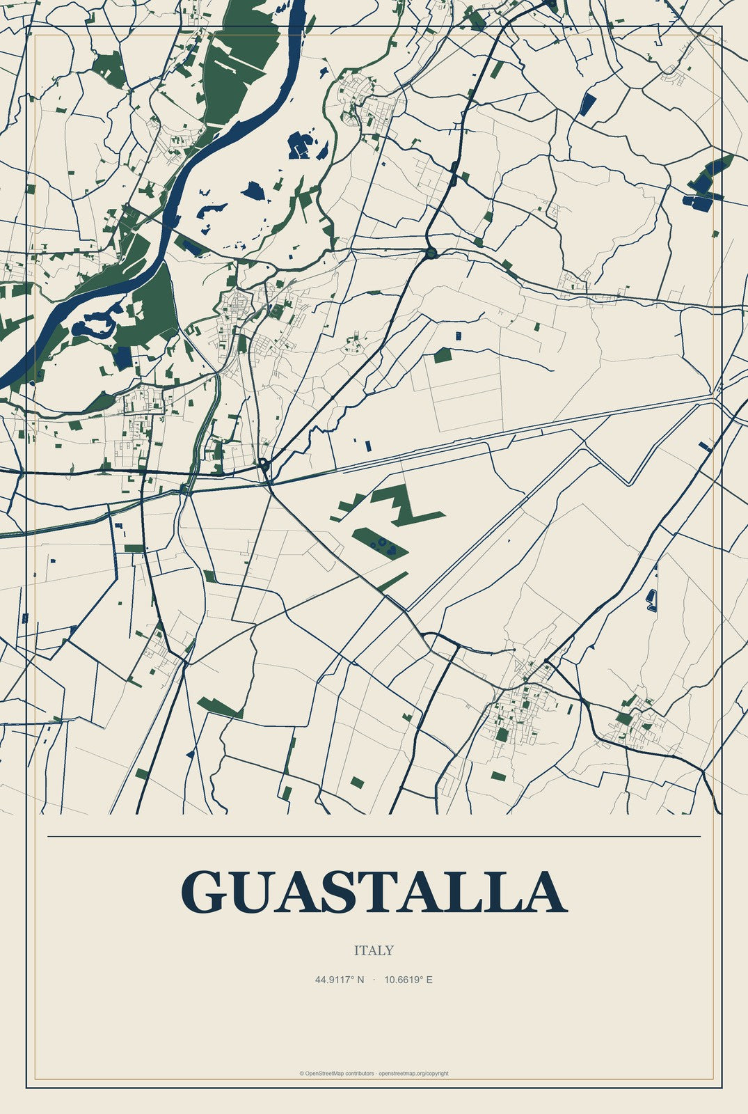 Guastalla, Italy City Map Aluminum Sign in Coastal Cutout style