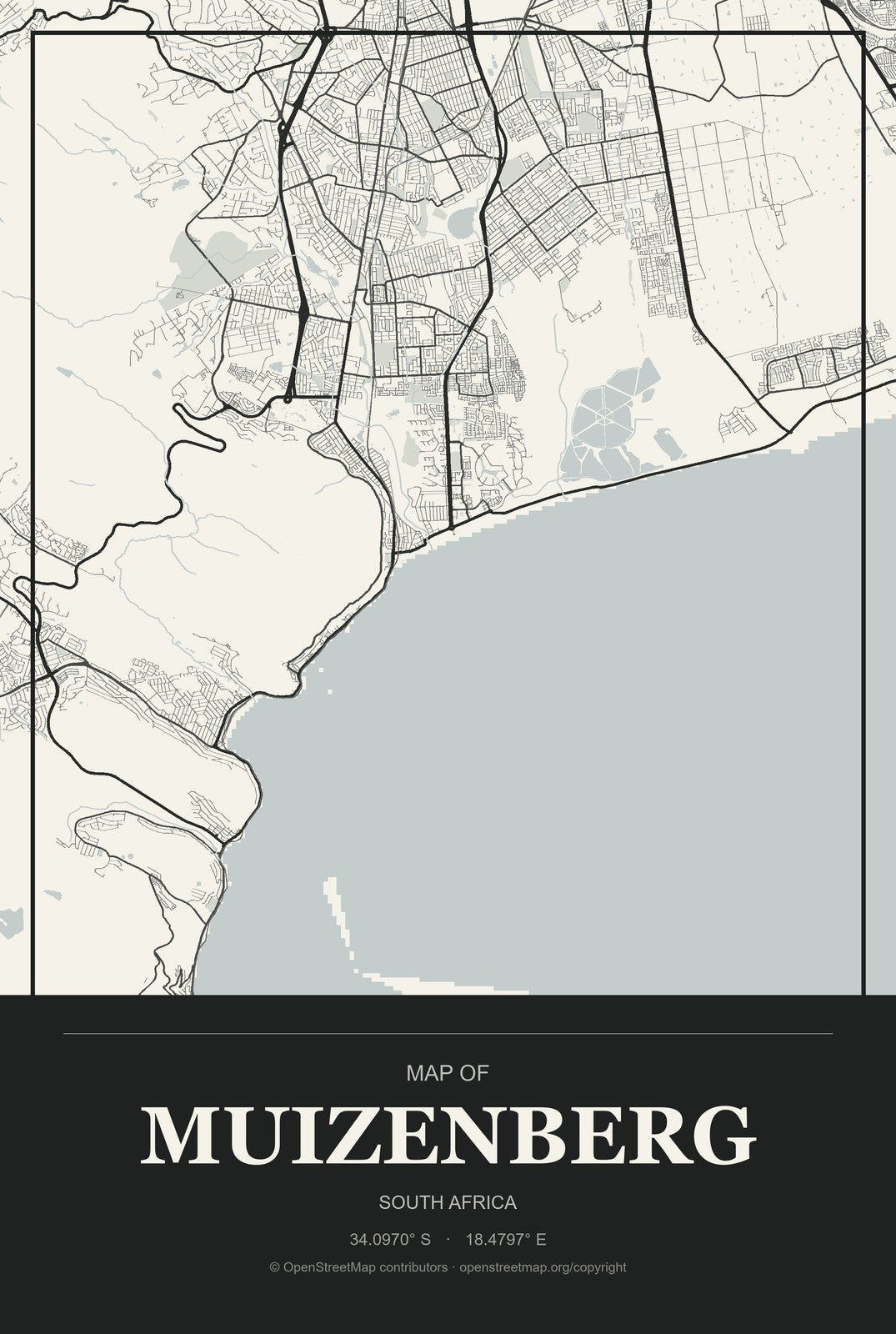 Muizenberg, South Africa City Map Aluminum Sign in Museum Plaque style