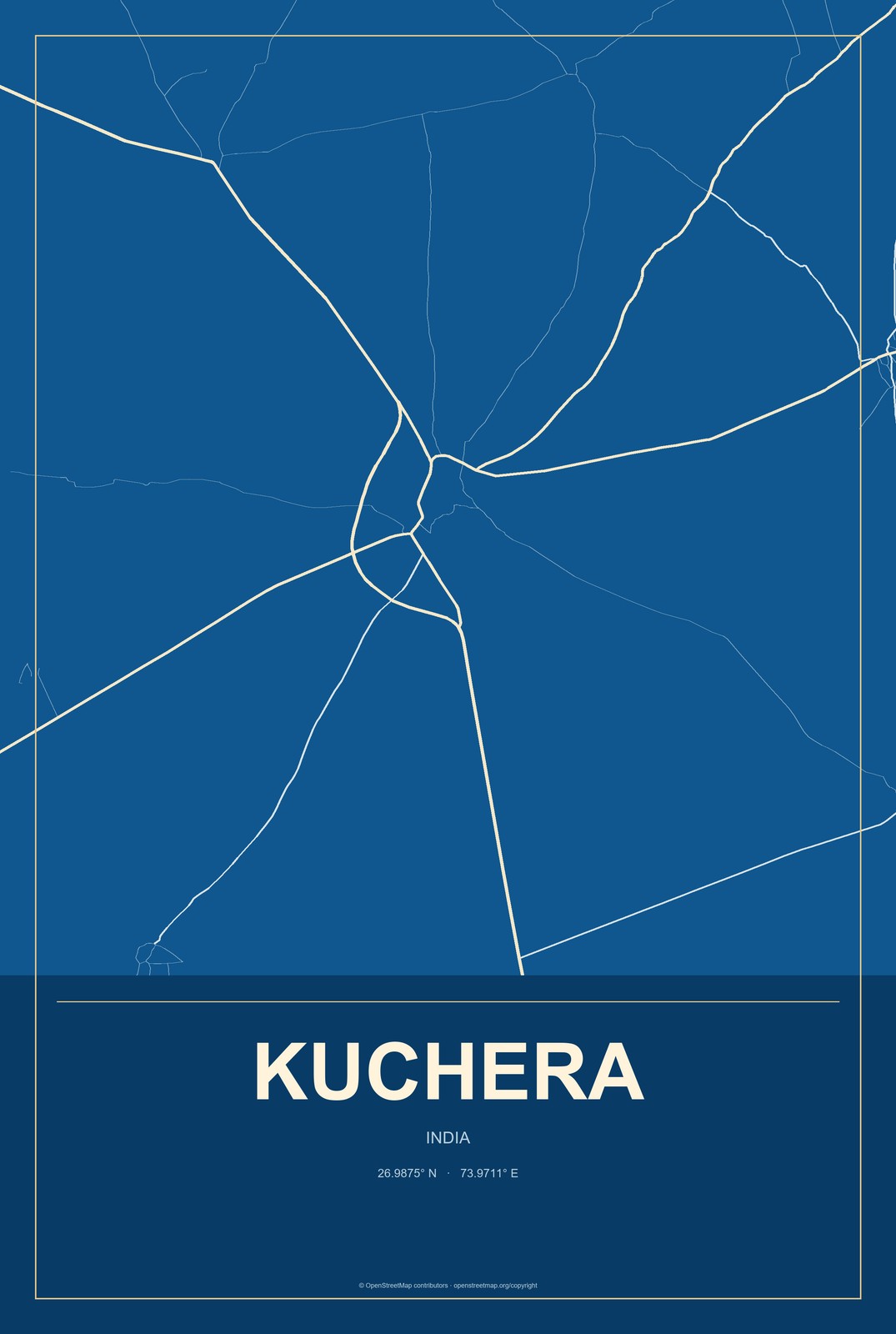 Kuchera, India City Map Aluminum Sign in Harbor Cobalt style