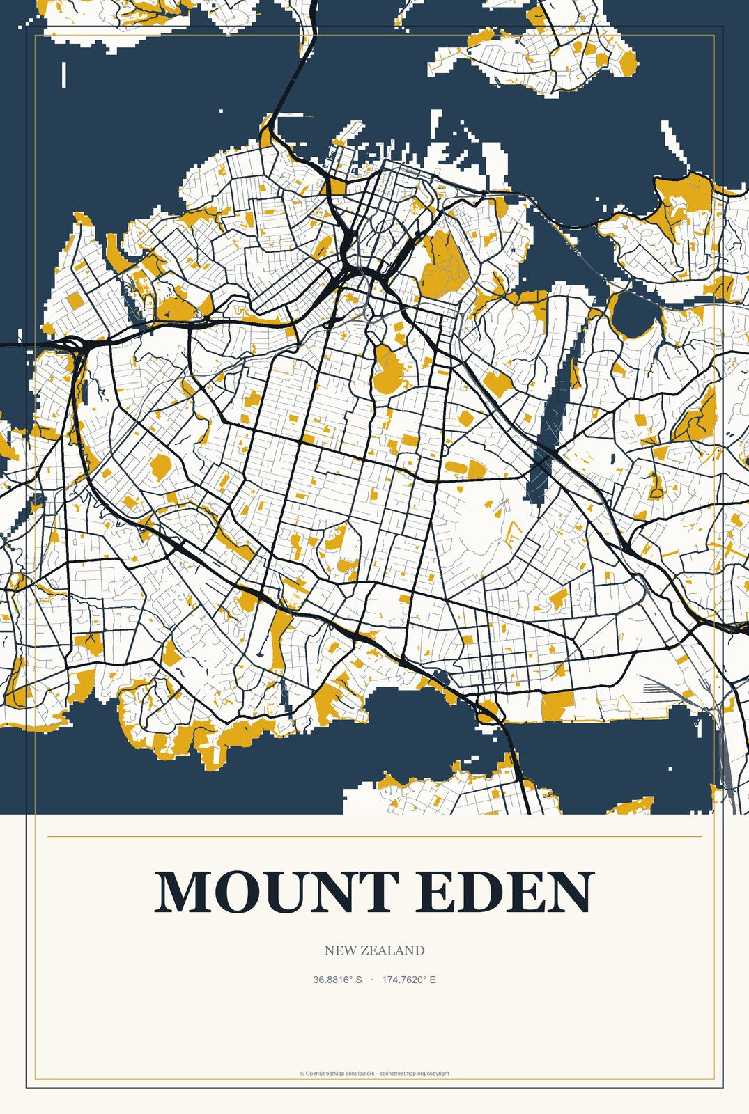 Mount Eden, New Zealand City Map Aluminum Sign in Citrine Modern style