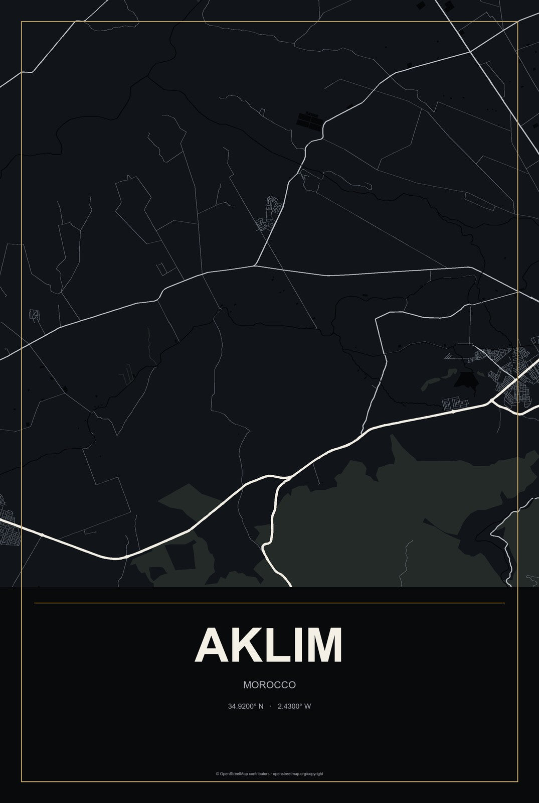 Aklim, Morocco City Map Aluminum Sign in Metropolitan Noir style