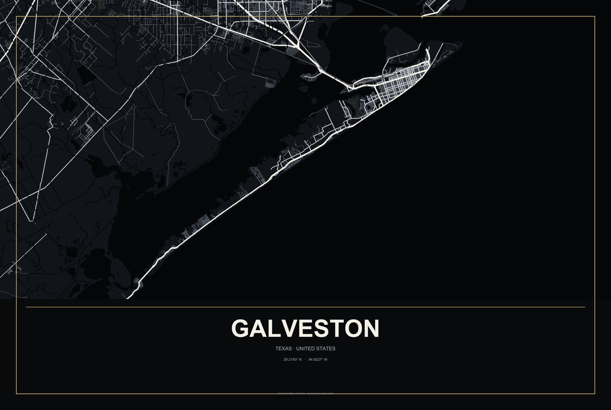 Galveston, Texas City Map Aluminum Sign in Metropolitan Noir style