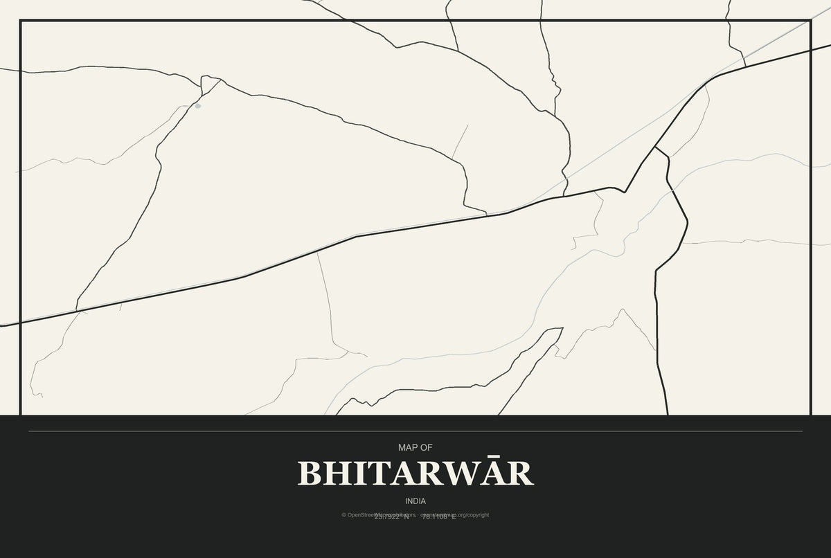 Bhitarwār, India City Map Aluminum Sign in Museum Plaque style
