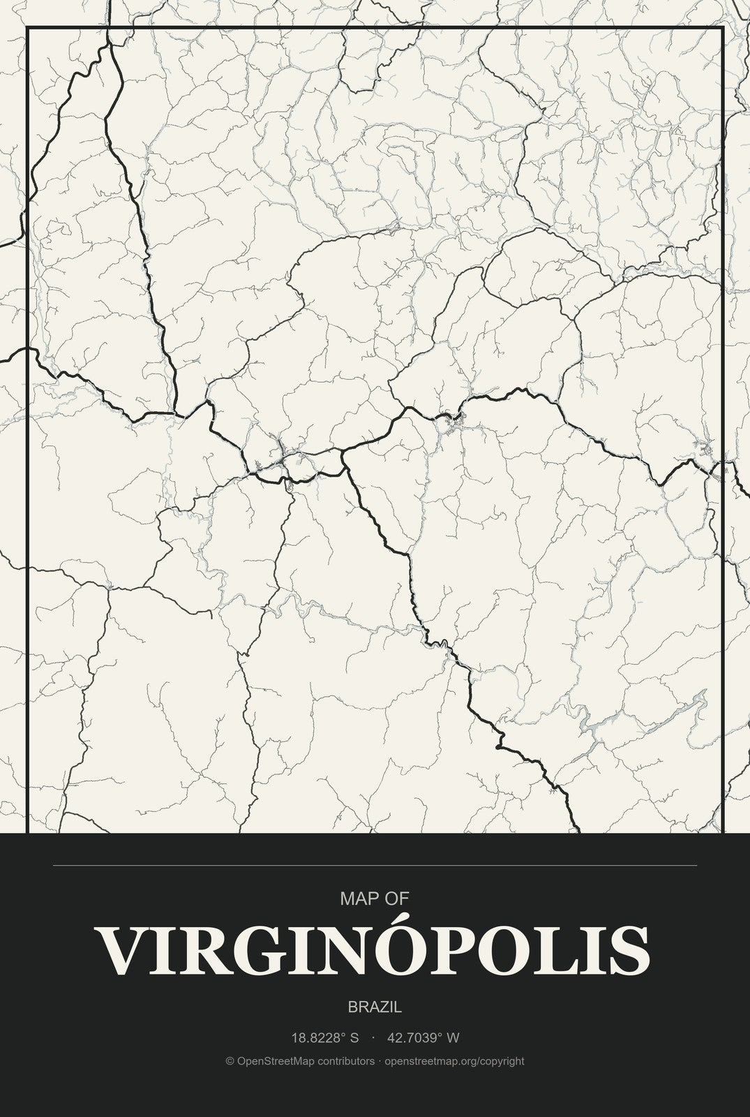 Virginópolis, Brazil City Map Aluminum Sign in Museum Plaque style
