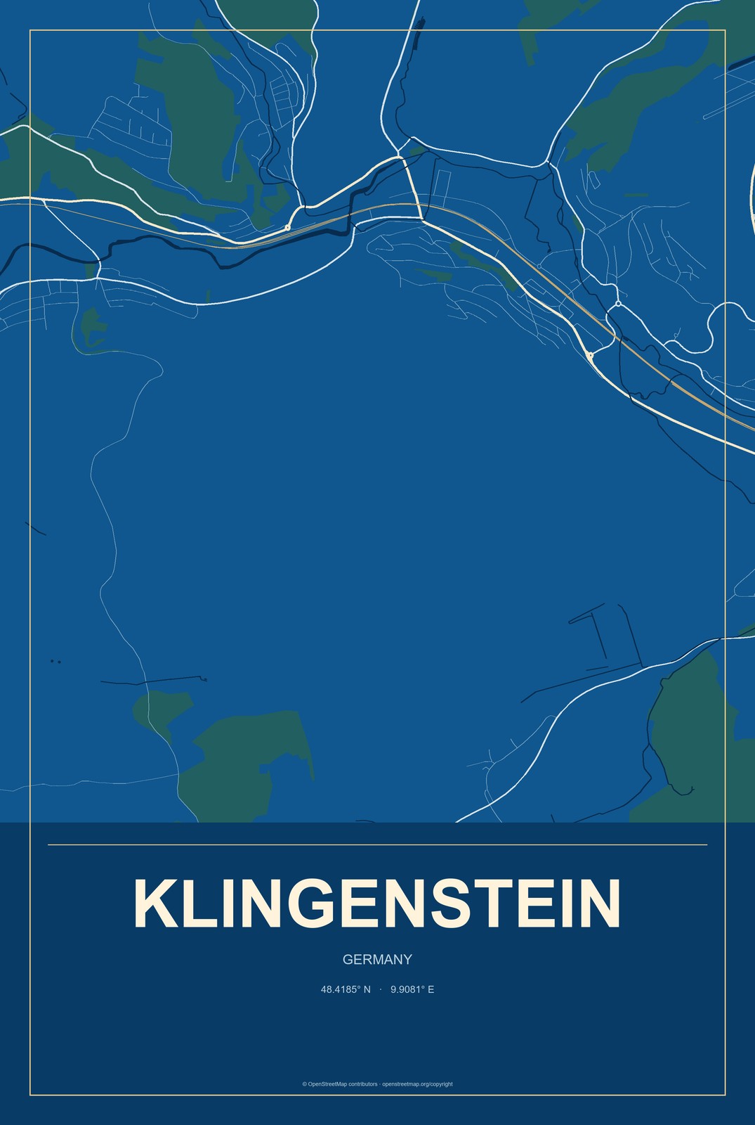 Klingenstein, Germany City Map Aluminum Sign in Harbor Cobalt style