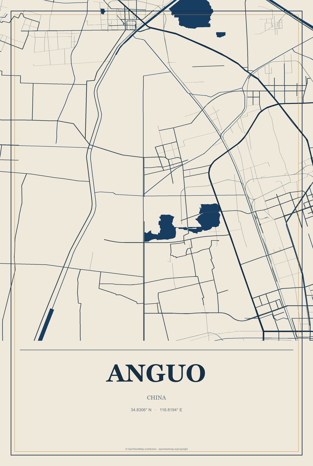 Anguo, China City Map Aluminum Sign in Coastal Cutout style