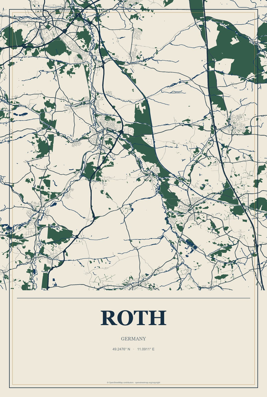 Roth, Germany City Map Aluminum Sign in Coastal Cutout style