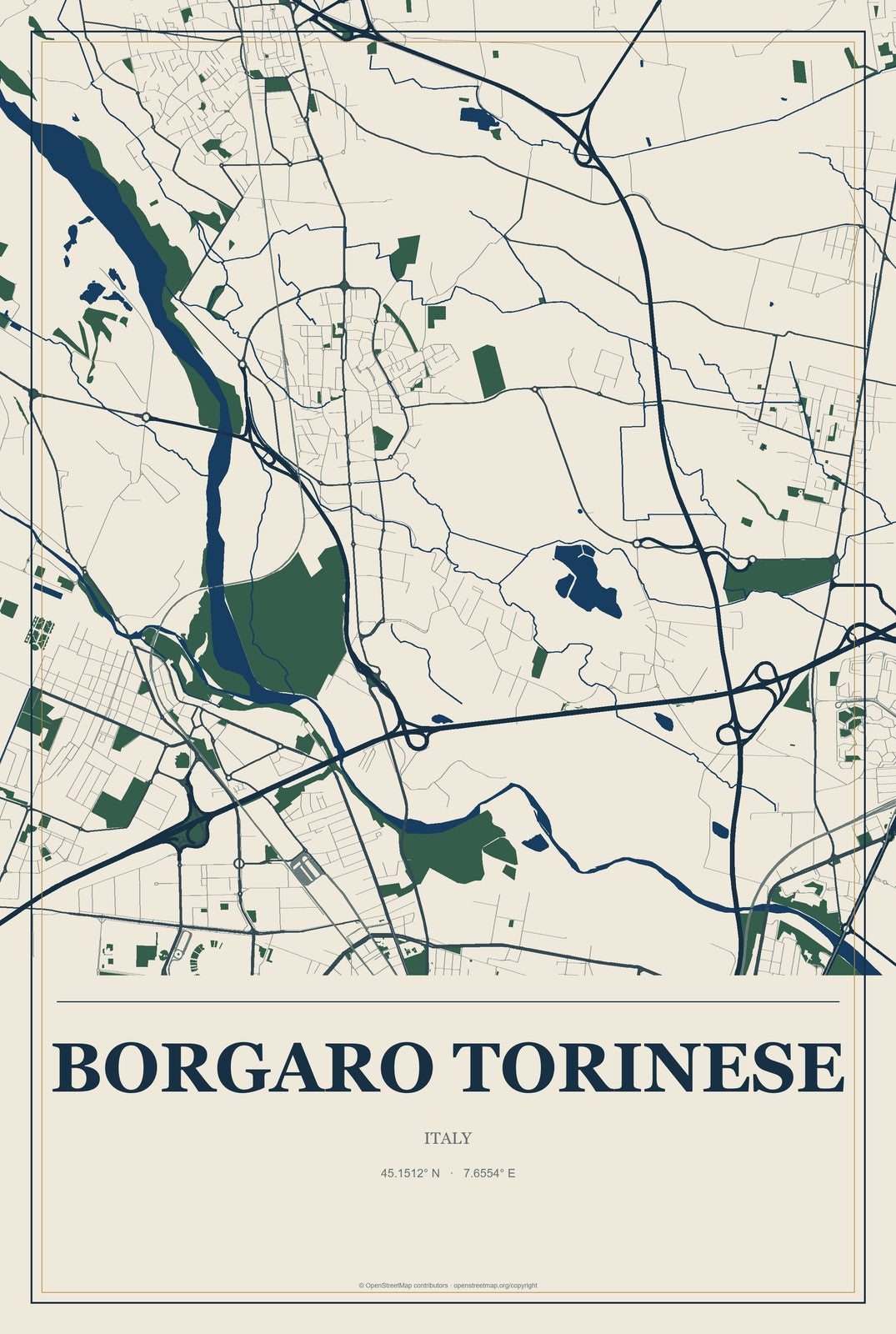 Borgaro Torinese, Italy City Map Aluminum Sign in Coastal Cutout style