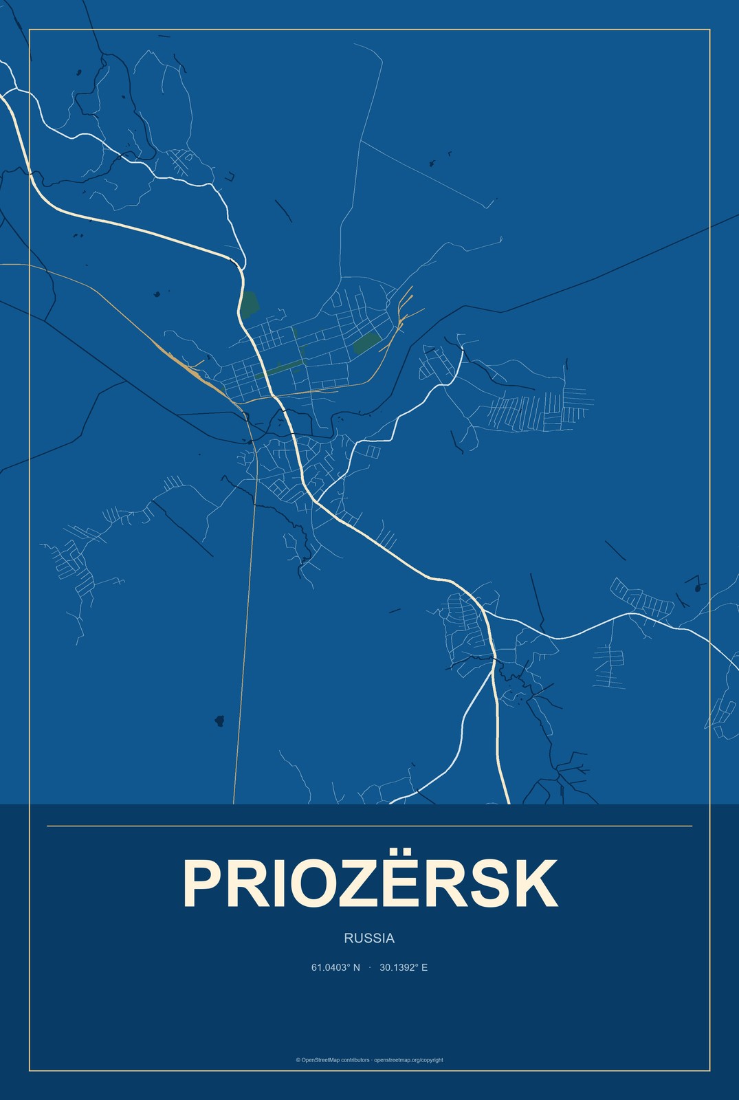 Priozërsk, Russia City Map Aluminum Sign in Harbor Cobalt style