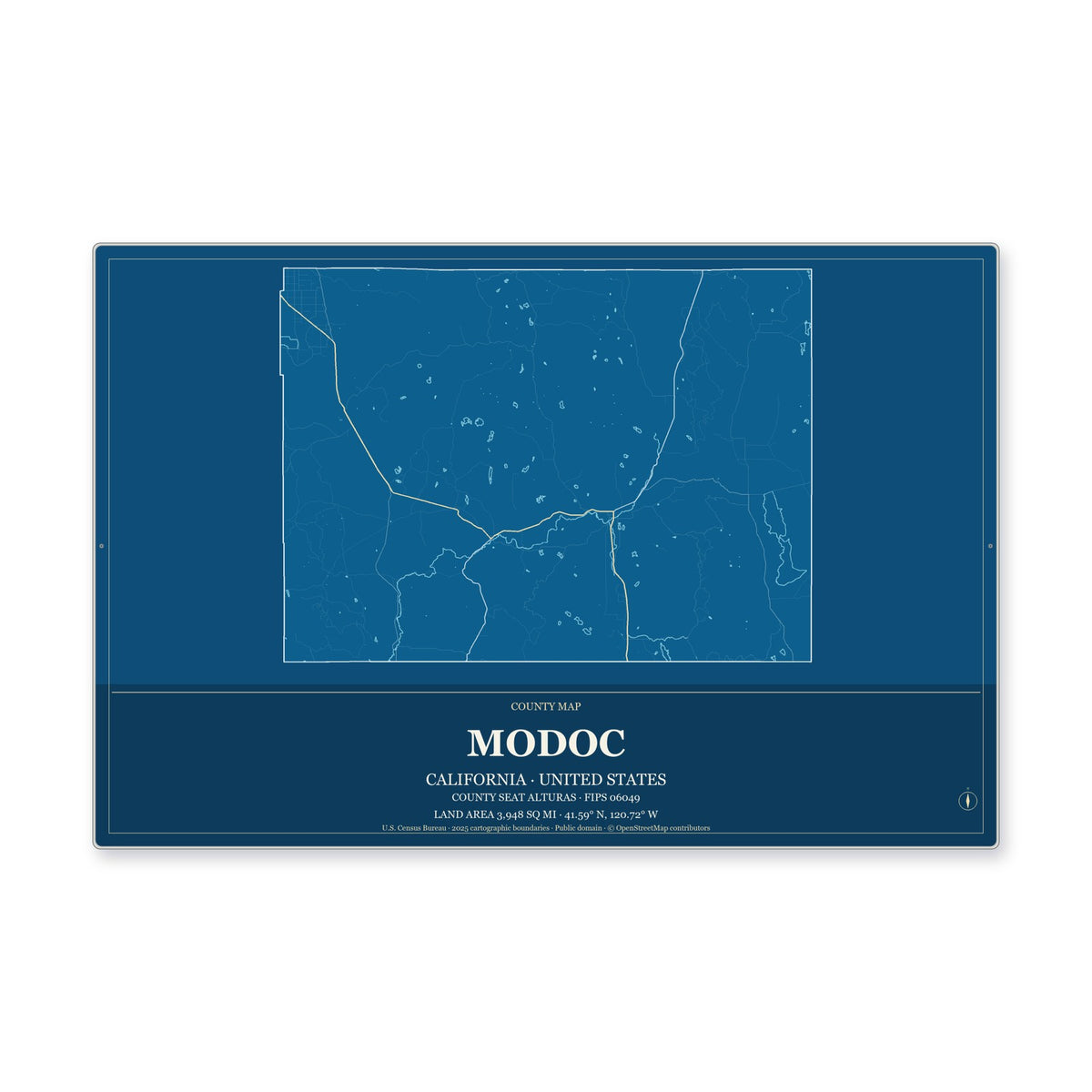 Modoc County, California Map Aluminum Sign in Harbor Cobalt style