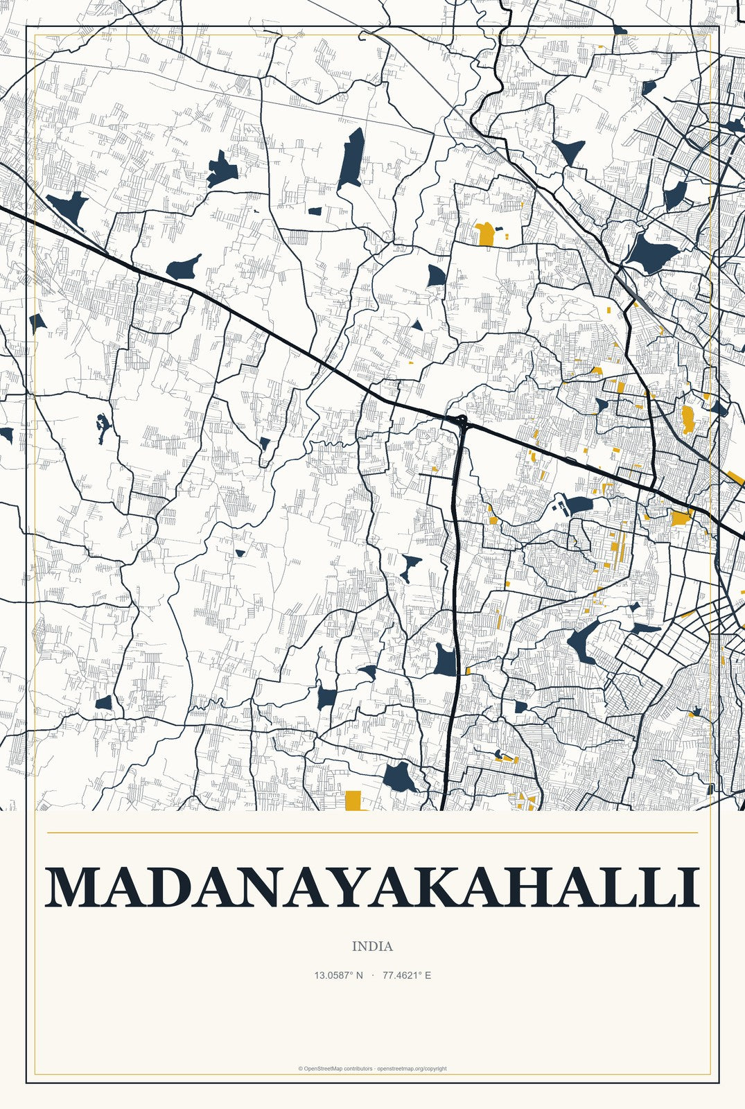 Madanayakahalli, India City Map Aluminum Sign in Citrine Modern style