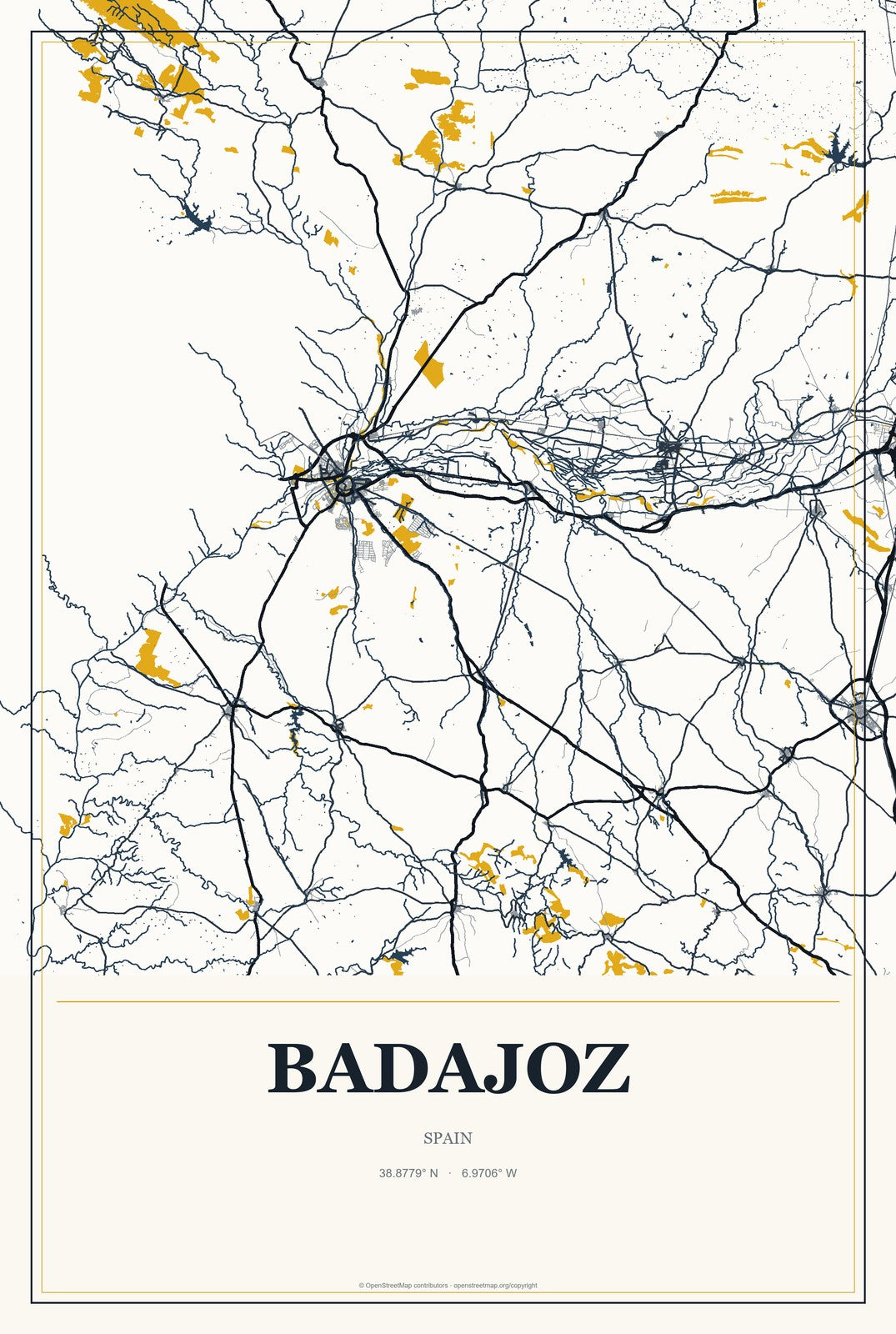 Badajoz, Spain City Map Aluminum Sign in Citrine Modern style