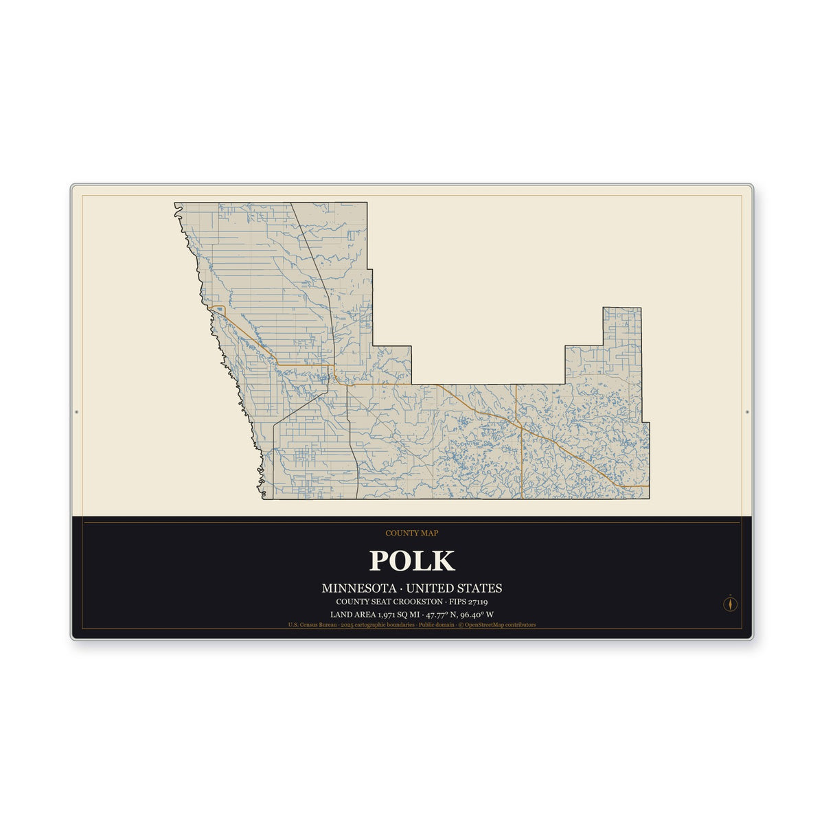 Polk County, Minnesota Map Aluminum Sign in Museum Plaque style
