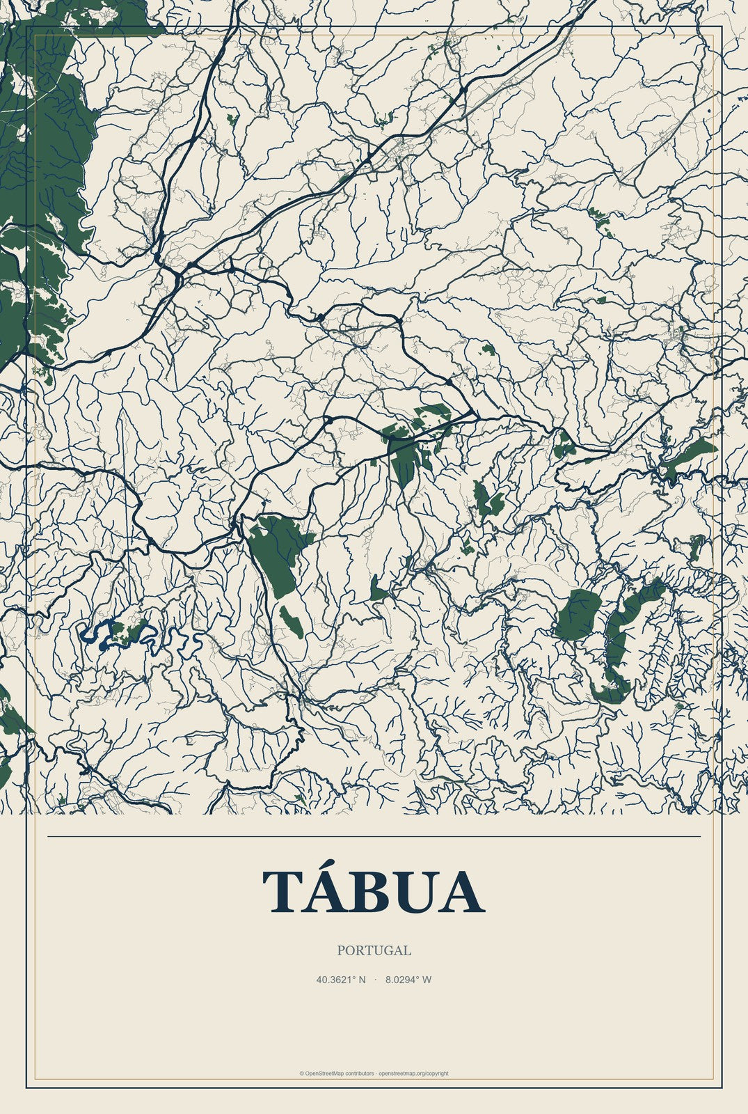 Tábua, Portugal City Map Aluminum Sign in Coastal Cutout style