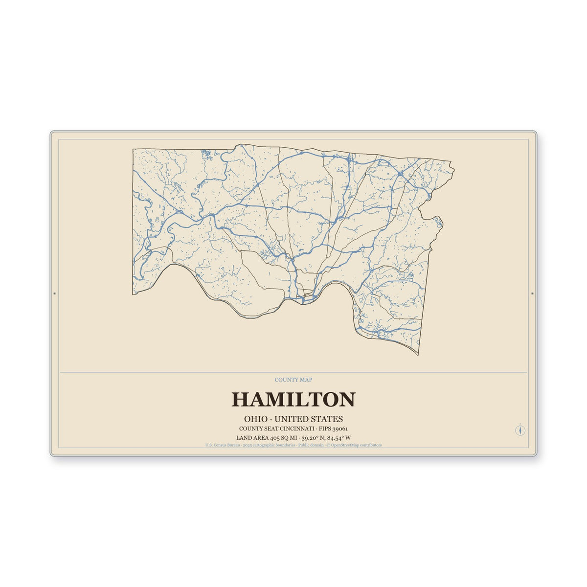 Hamilton County, Ohio Map Aluminum Sign in Heritage Nautical style