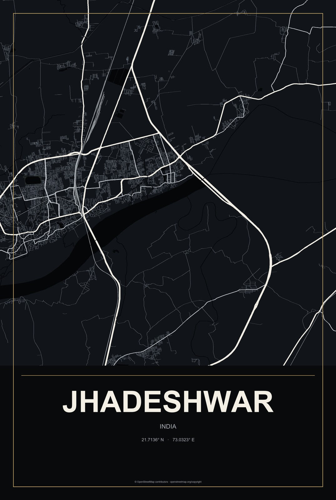 Jhadeshwar, India City Map Aluminum Sign in Metropolitan Noir style