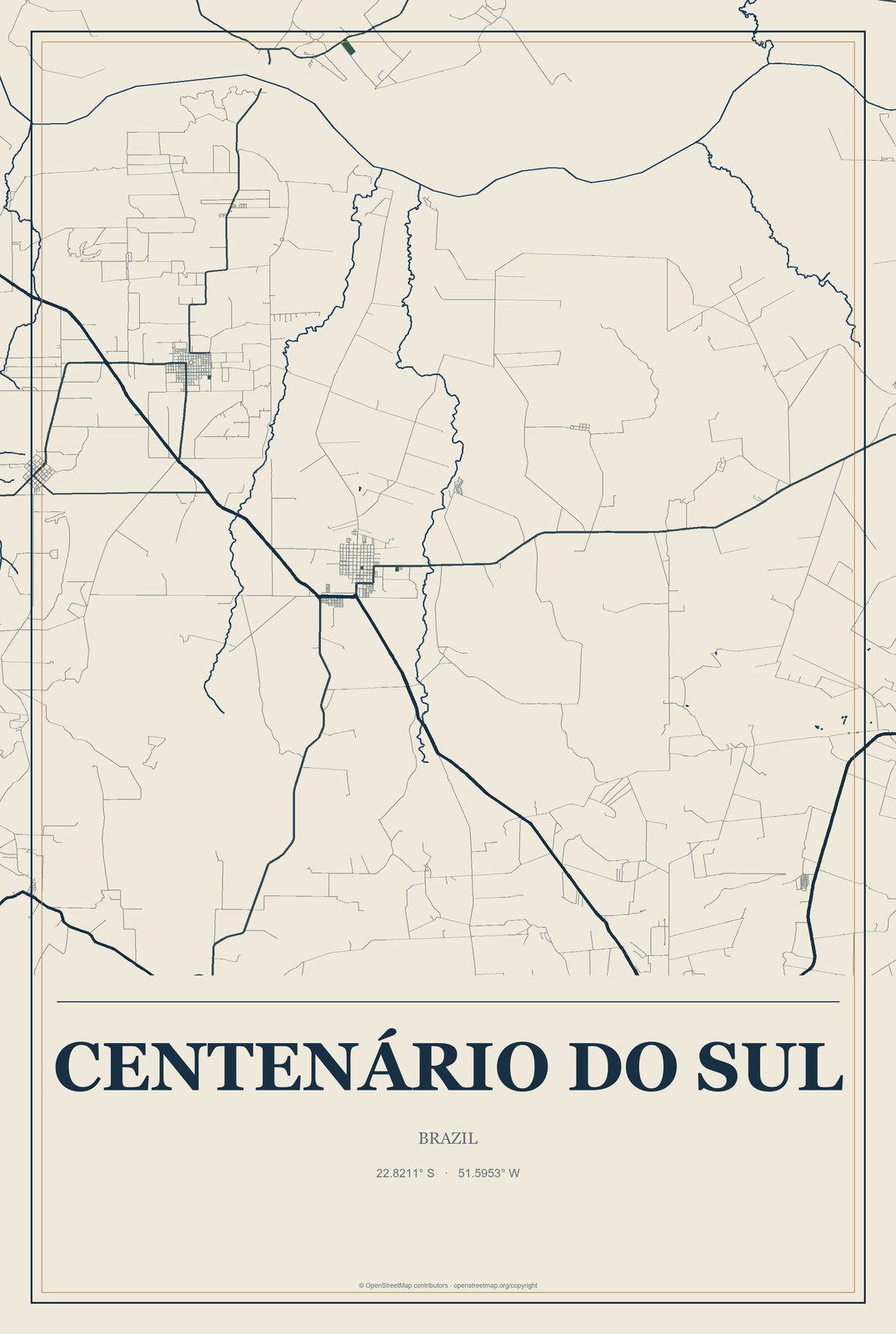 Centenário do Sul, Brazil City Map Aluminum Sign in Coastal Cutout style