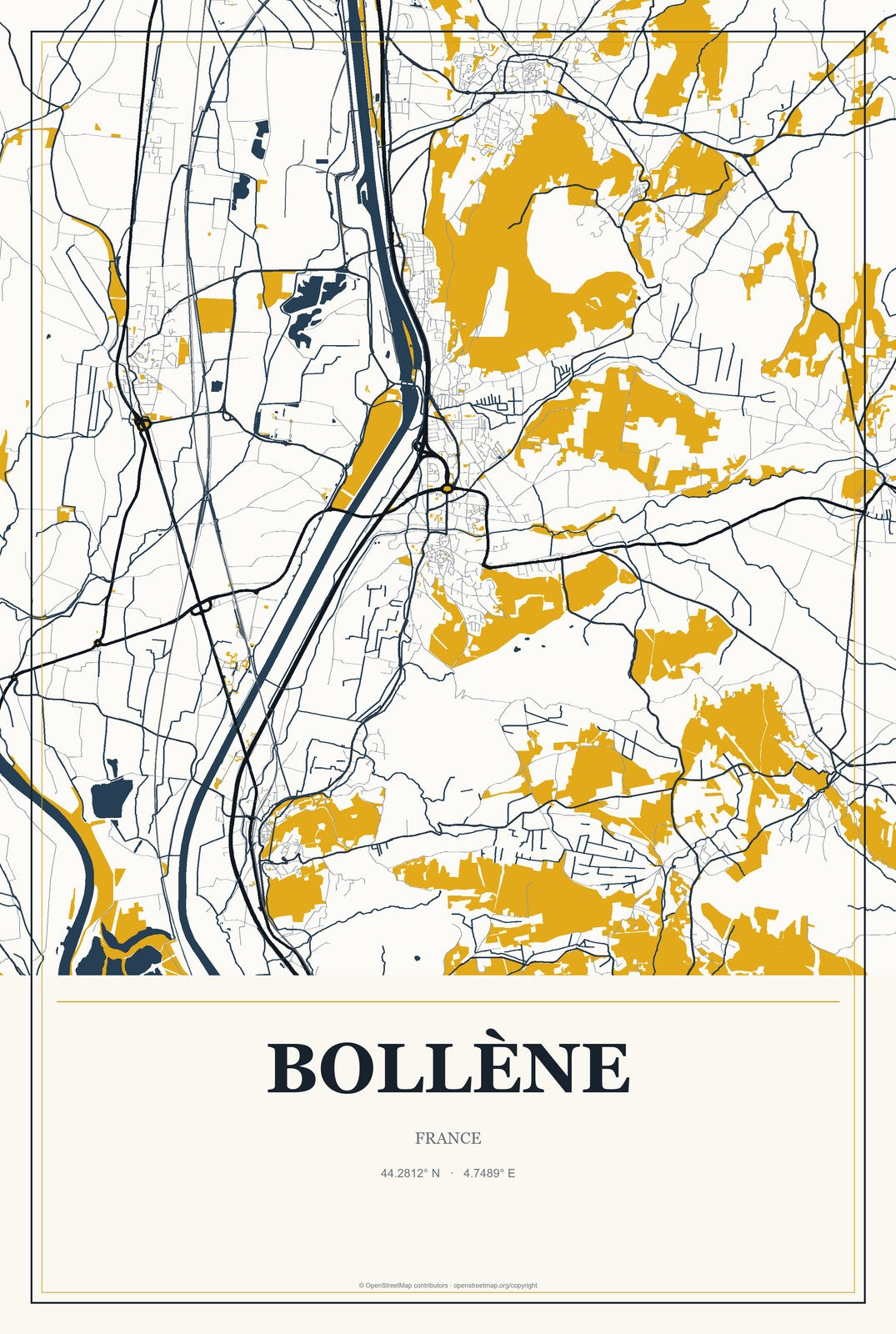 Bollène, France City Map Aluminum Sign in Citrine Modern style