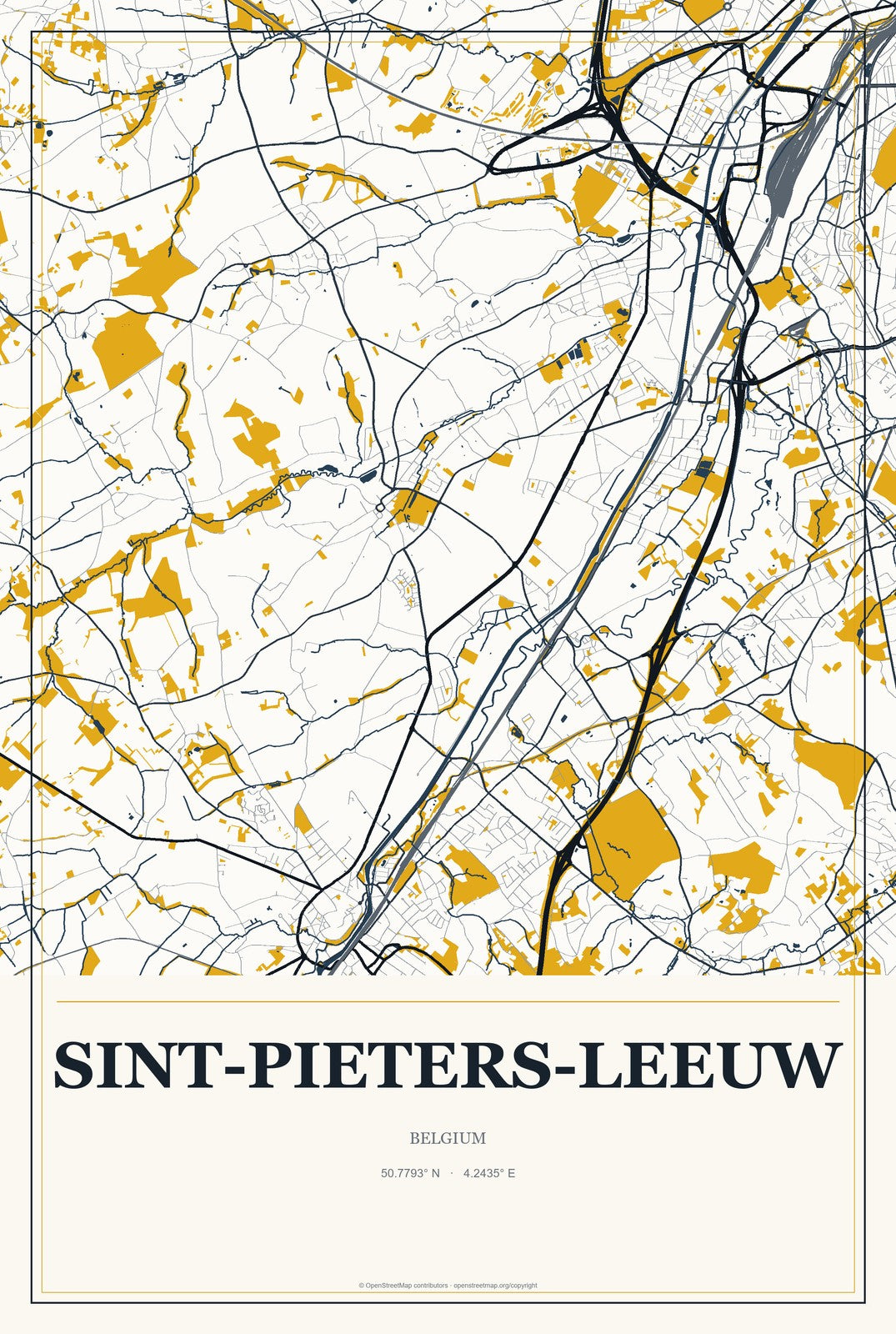 Sint-Pieters-Leeuw, Belgium City Map Aluminum Sign in Citrine Modern style