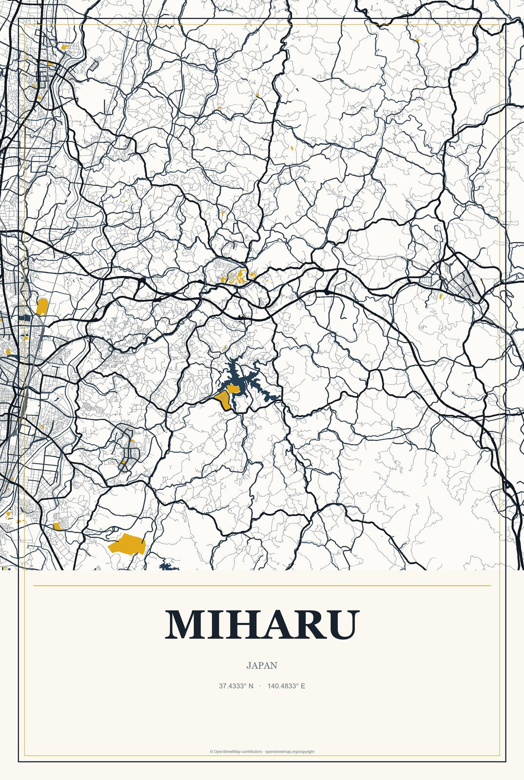 Miharu, Japan City Map Aluminum Sign in Citrine Modern style