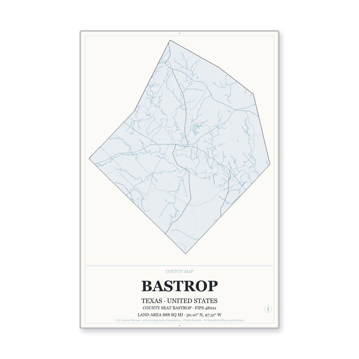 Bastrop County, Texas Map Aluminum Sign in Gallery Air style