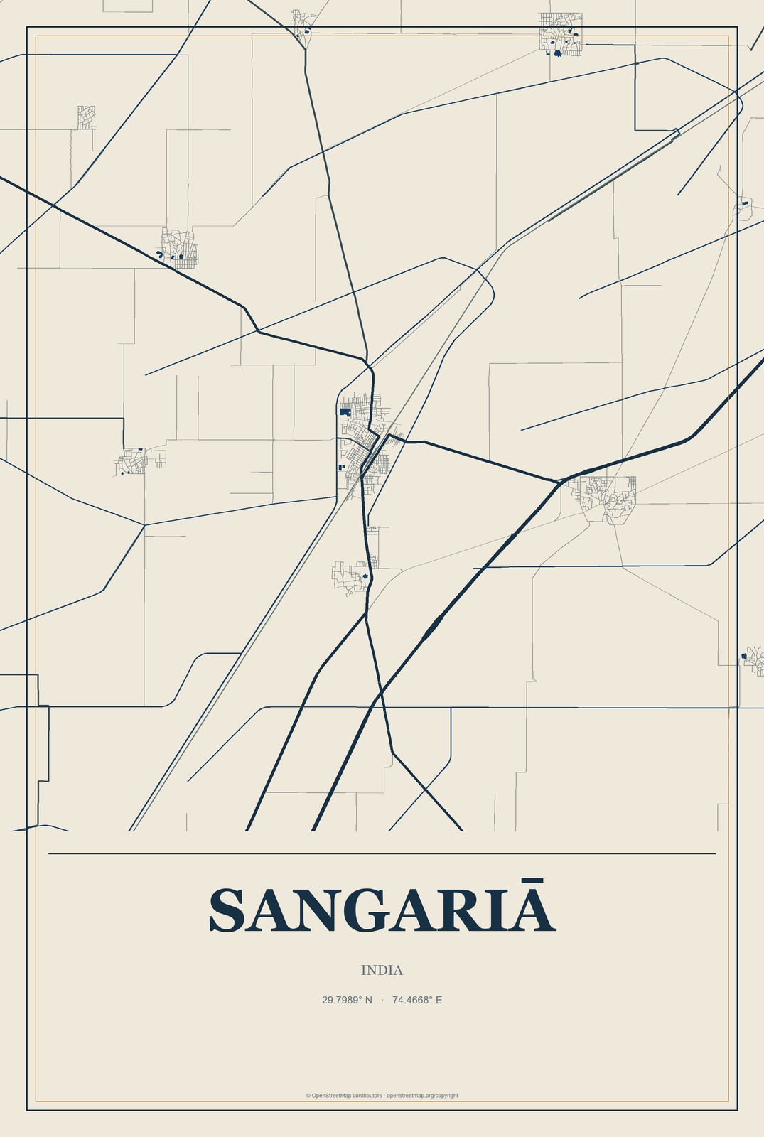 Sangariā, India City Map Aluminum Sign in Coastal Cutout style