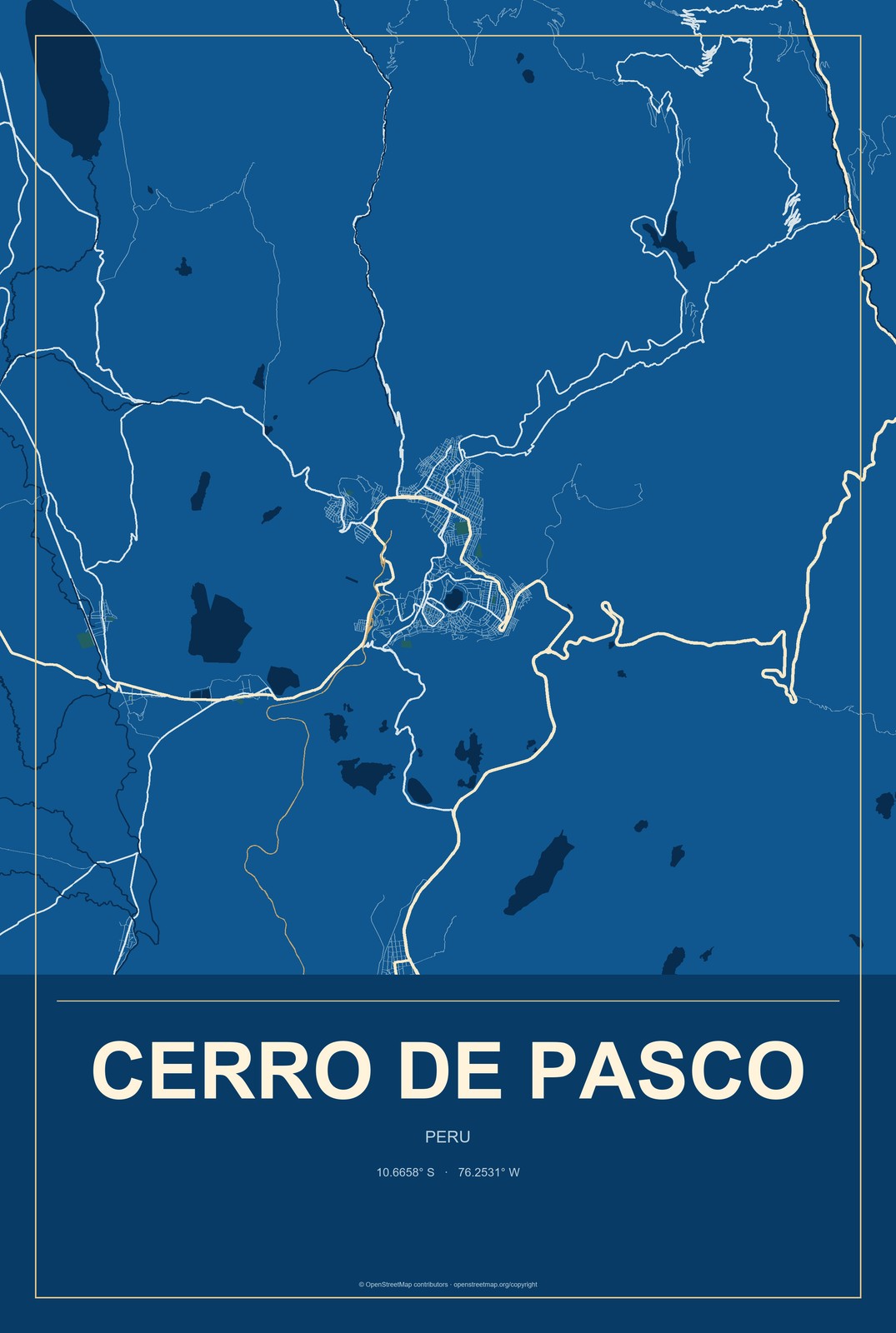 Cerro de Pasco, Peru City Map Aluminum Sign in Harbor Cobalt style