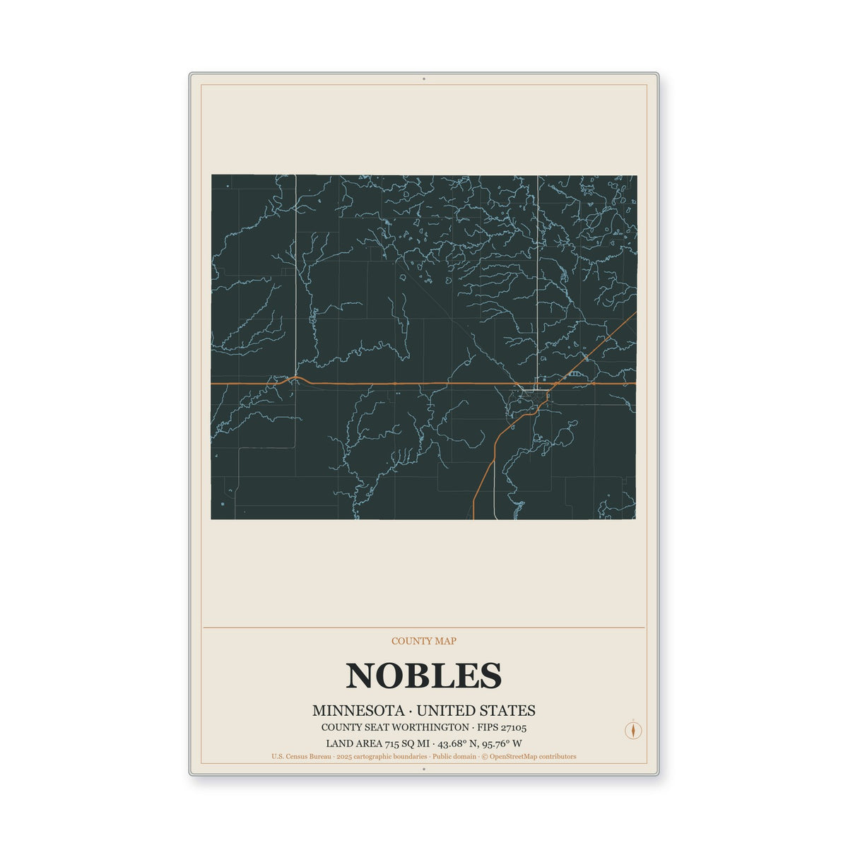 Nobles County, Minnesota Map Aluminum Sign in Headline Atlas style