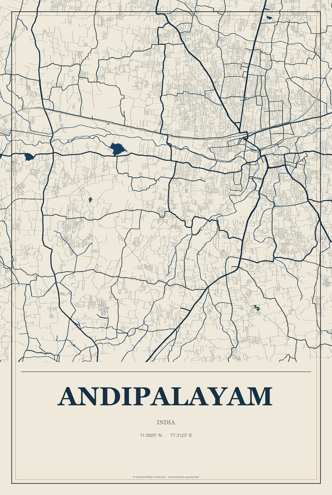 Andipalayam, India City Map Aluminum Sign in Coastal Cutout style