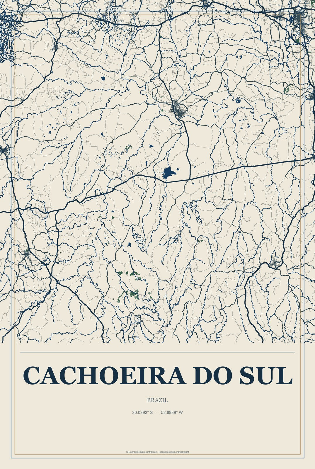 Cachoeira do Sul, Brazil City Map Aluminum Sign in Coastal Cutout style