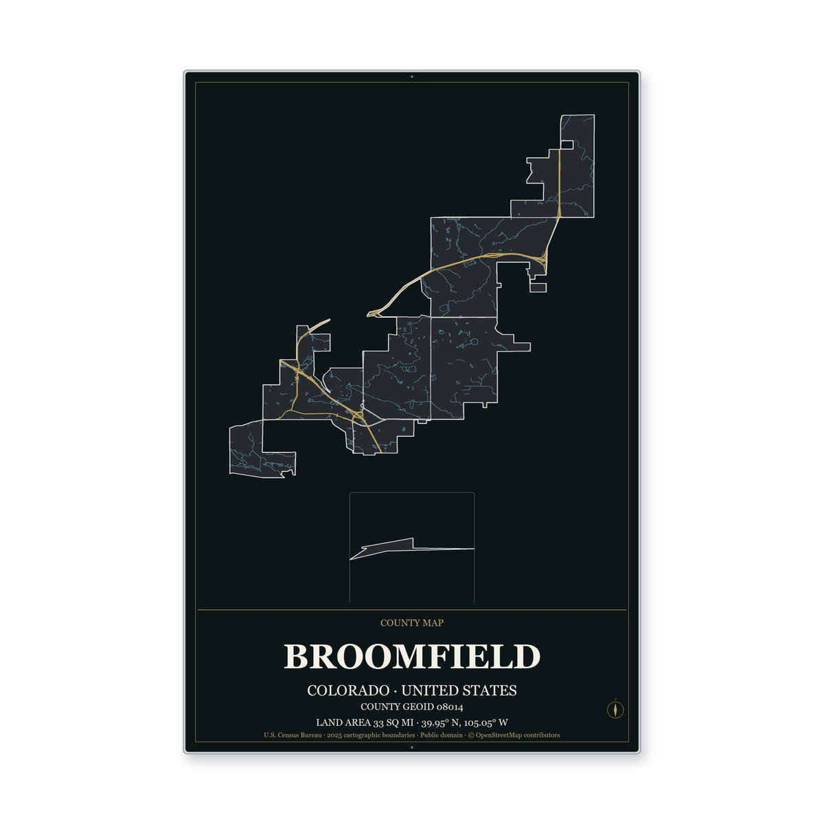 Broomfield County, Colorado Map Aluminum Sign in Metropolitan Noir style