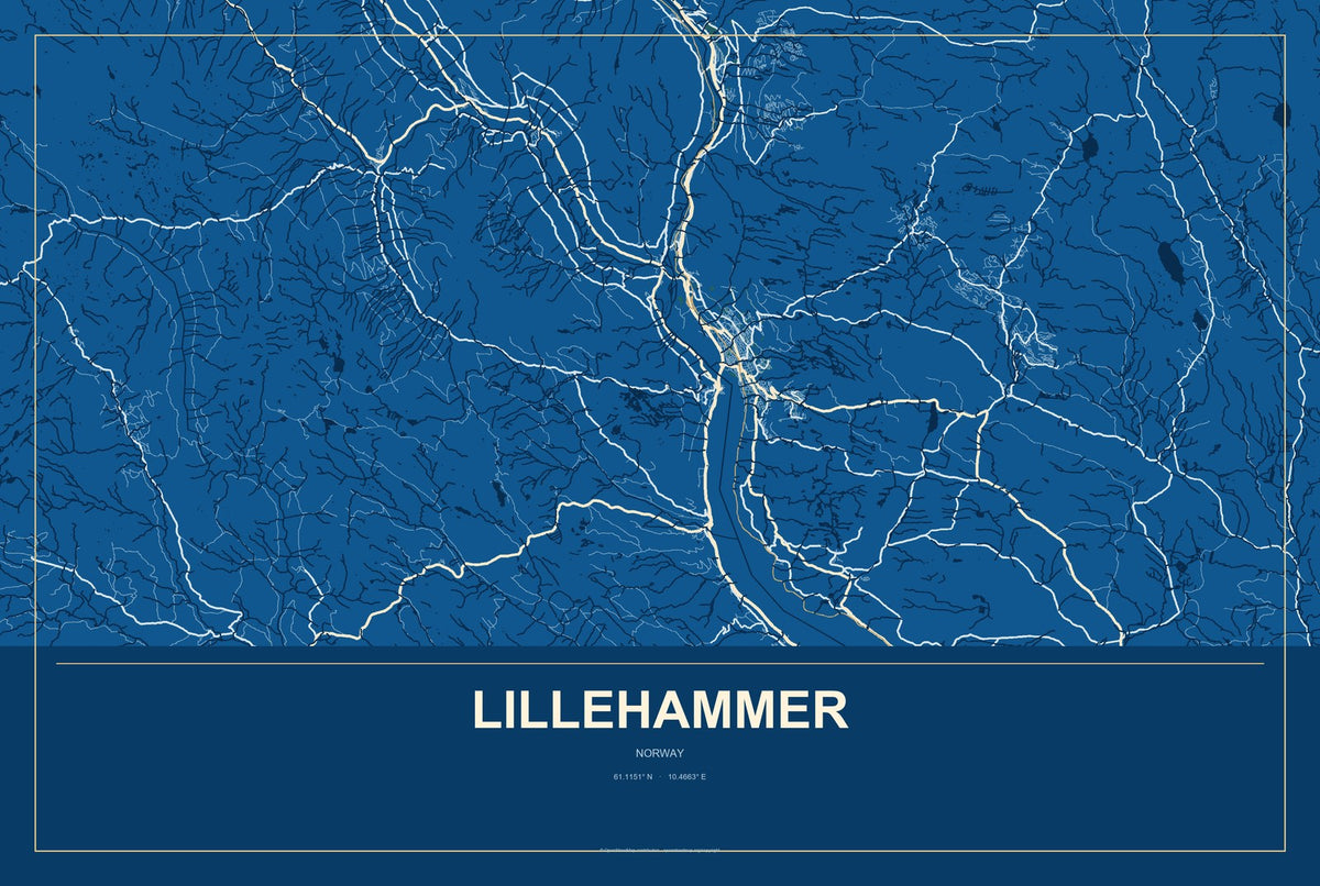 Lillehammer, Norway City Map Aluminum Sign in Harbor Cobalt style