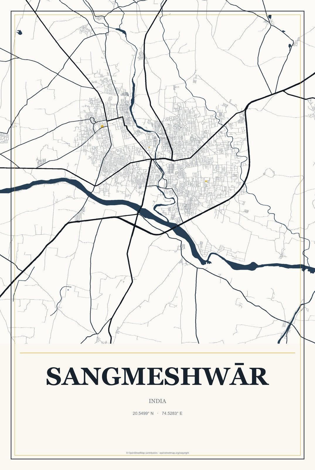 Sangmeshwār, India City Map Aluminum Sign in Citrine Modern style