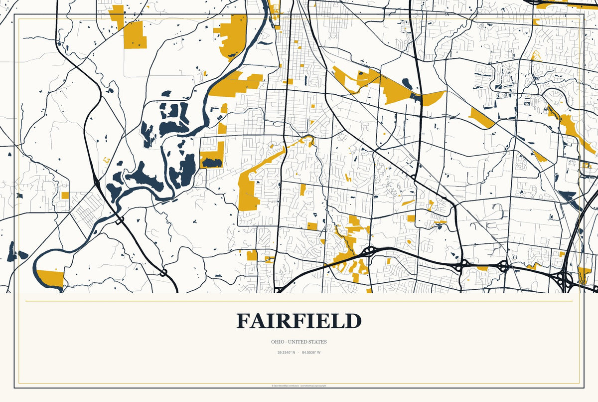 Fairfield, Ohio City Map Aluminum Sign in Citrine Modern style