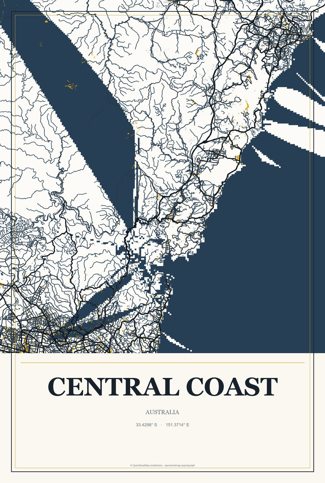 Central Coast, Australia City Map Aluminum Sign in Citrine Modern style