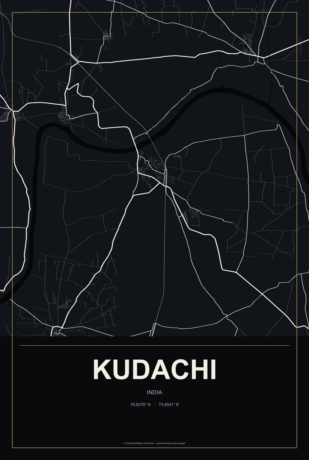 Kudachi, India City Map Aluminum Sign in Metropolitan Noir style