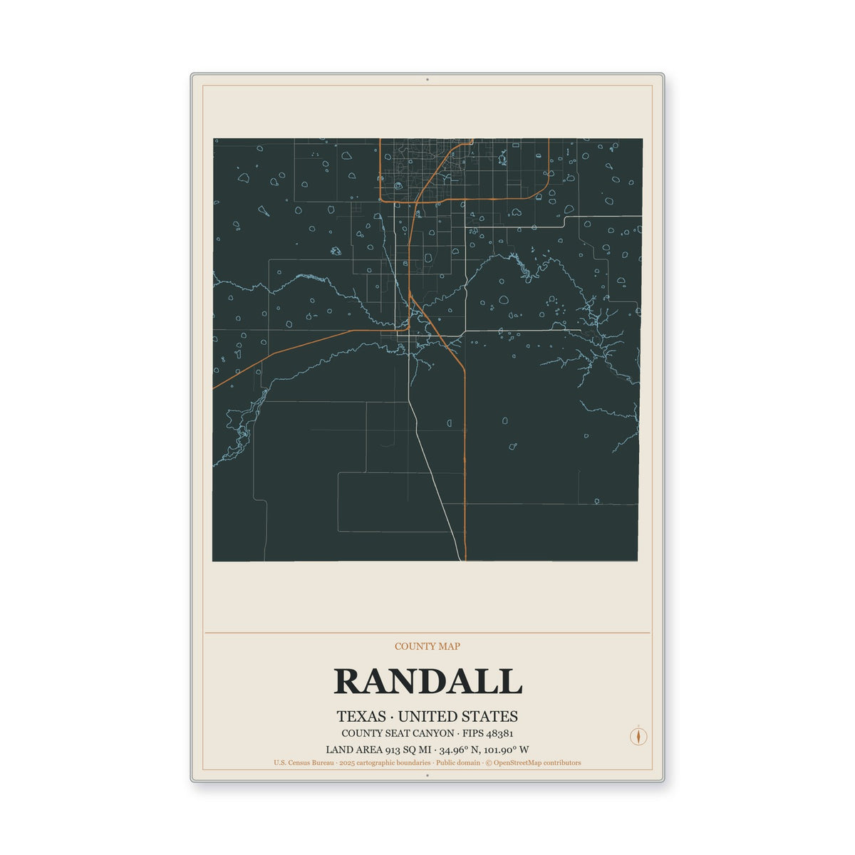 Randall County, Texas Map Aluminum Sign in Headline Atlas style