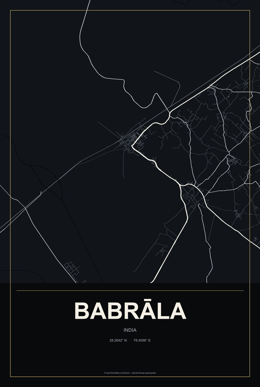 Babrāla, India City Map Aluminum Sign in Metropolitan Noir style