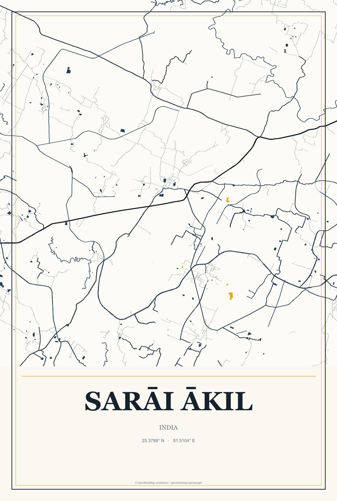 Sarāi Ākil, India City Map Aluminum Sign in Citrine Modern style