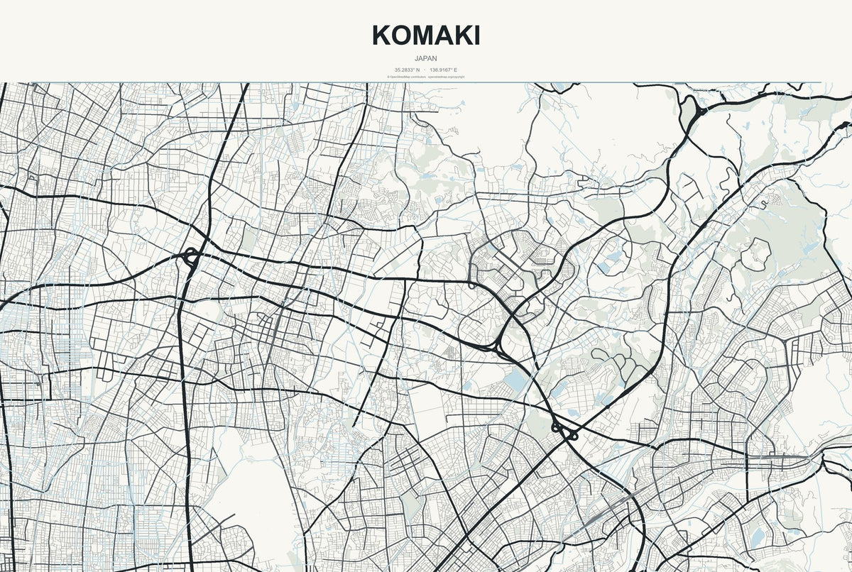 Komaki, Japan City Map Aluminum Sign in Headline Atlas style