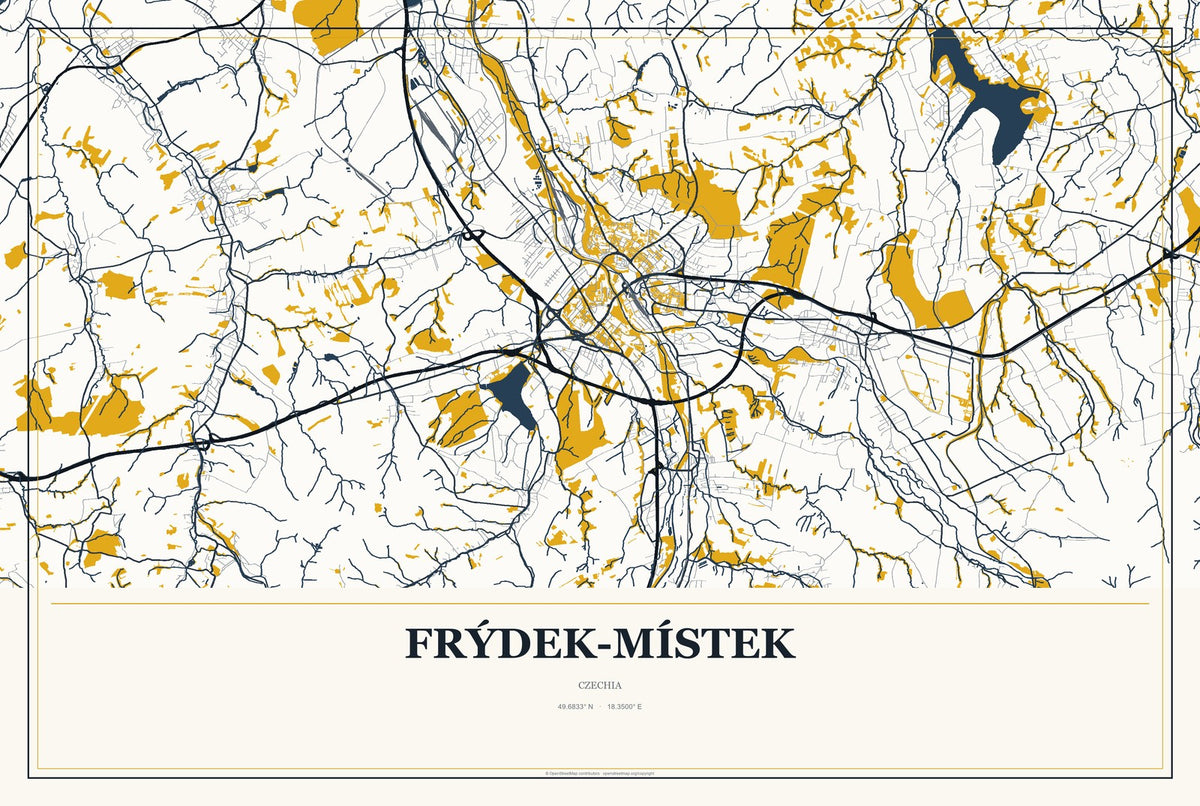 Frýdek-Místek, Czechia City Map Aluminum Sign in Citrine Modern style