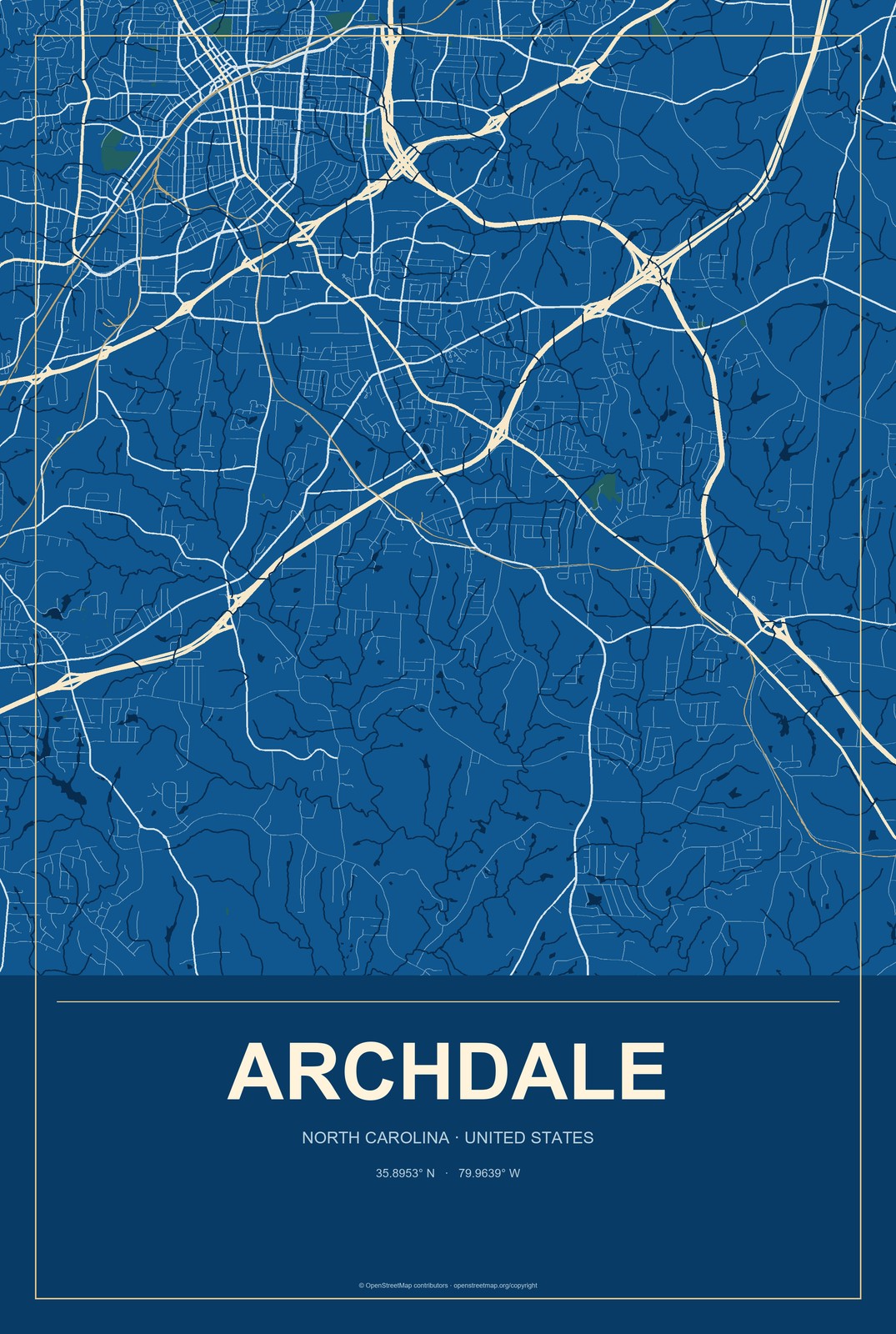 Archdale, North Carolina City Map Aluminum Sign in Harbor Cobalt style
