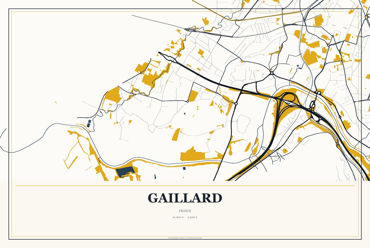 Gaillard, France City Map Aluminum Sign in Citrine Modern style