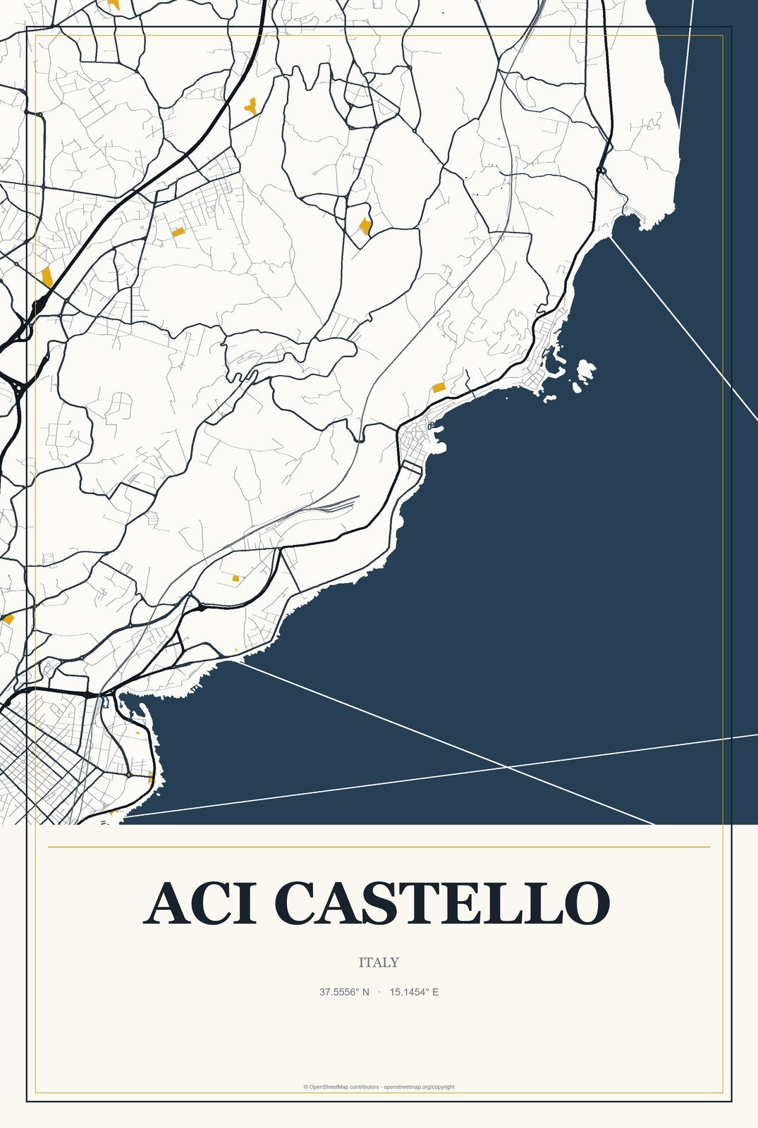 Aci Castello, Italy City Map Aluminum Sign in Citrine Modern style