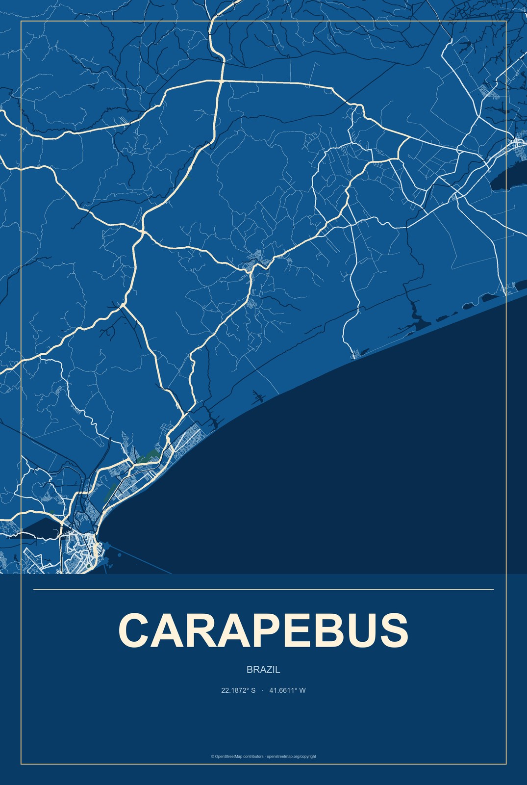 Carapebus, Brazil City Map Aluminum Sign in Harbor Cobalt style