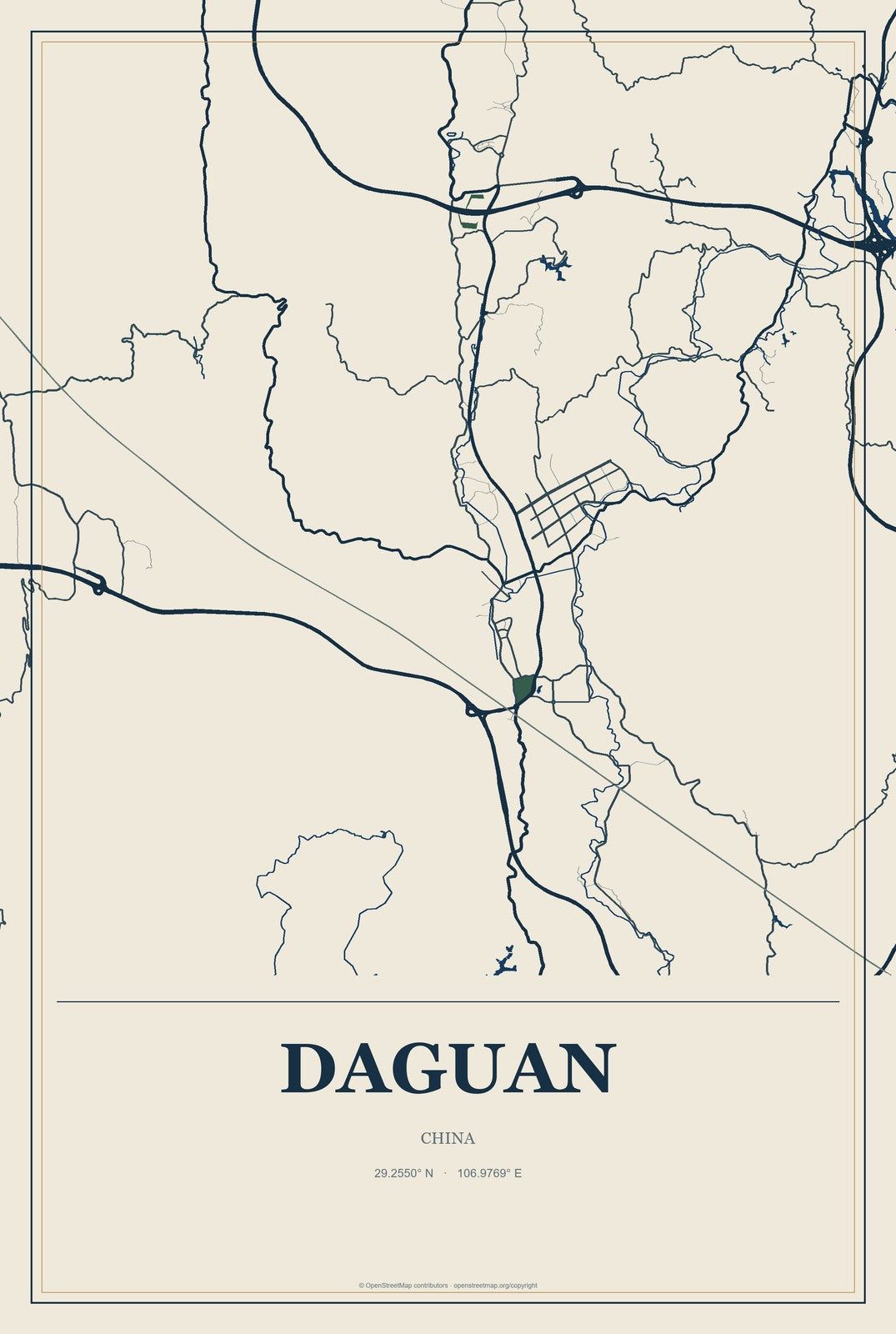 Daguan, China City Map Aluminum Sign in Coastal Cutout style