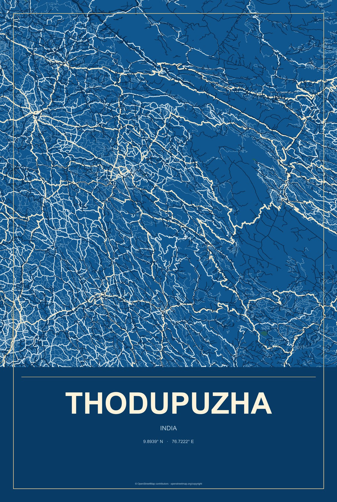 Thodupuzha, India City Map Aluminum Sign in Harbor Cobalt style