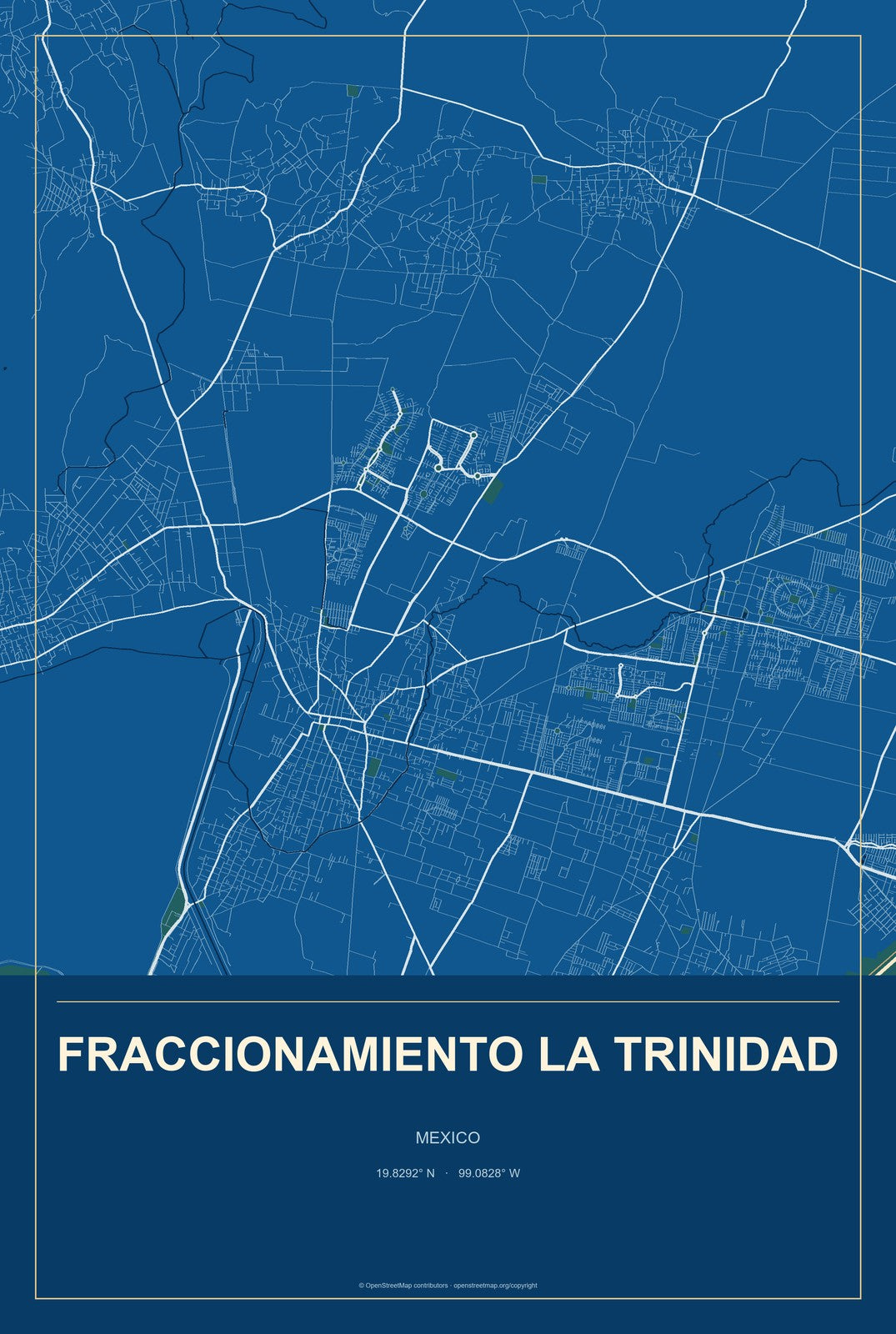 Fraccionamiento la Trinidad, Mexico City Map Aluminum Sign in Harbor Cobalt style