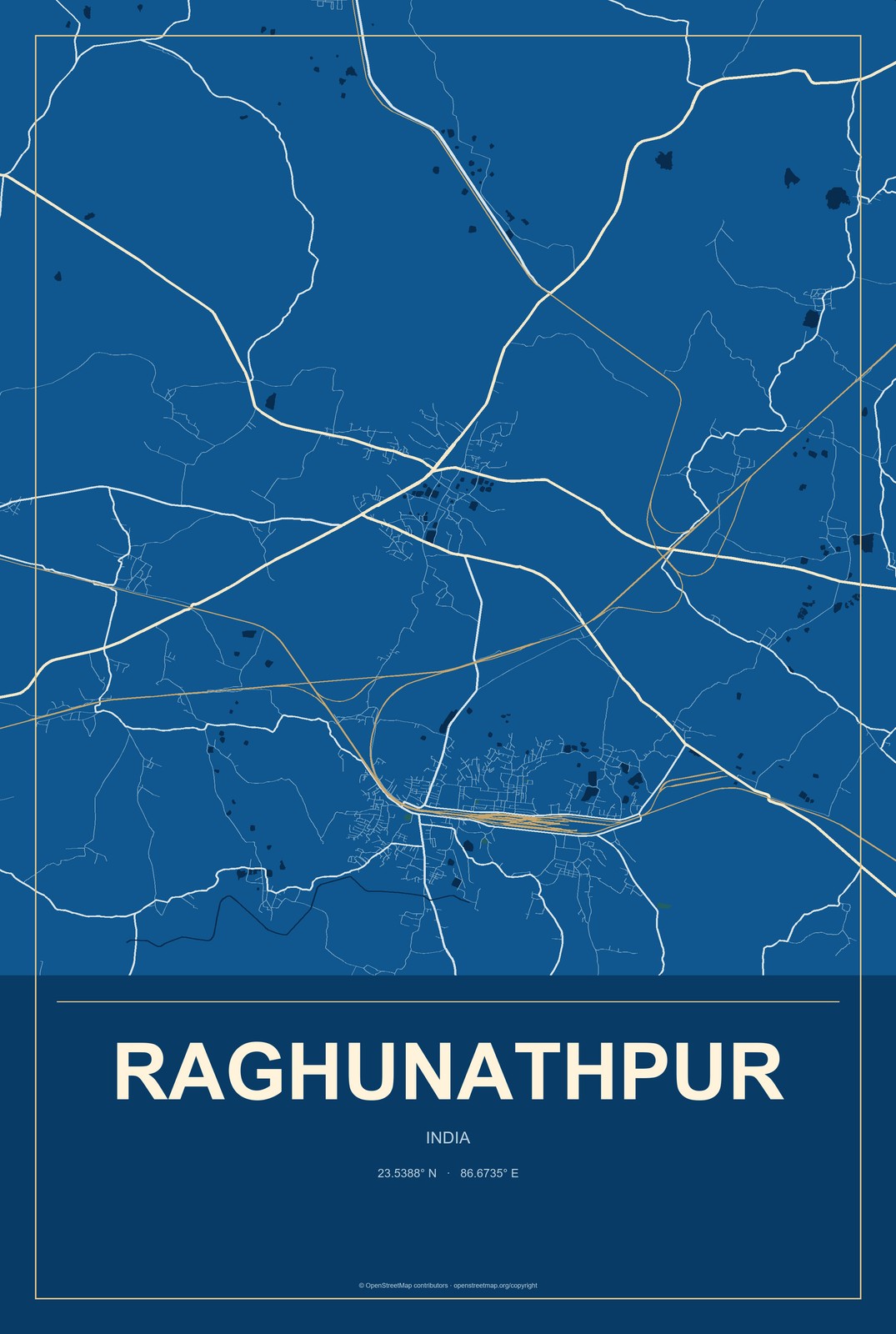 Raghunathpur, India City Map Aluminum Sign in Harbor Cobalt style